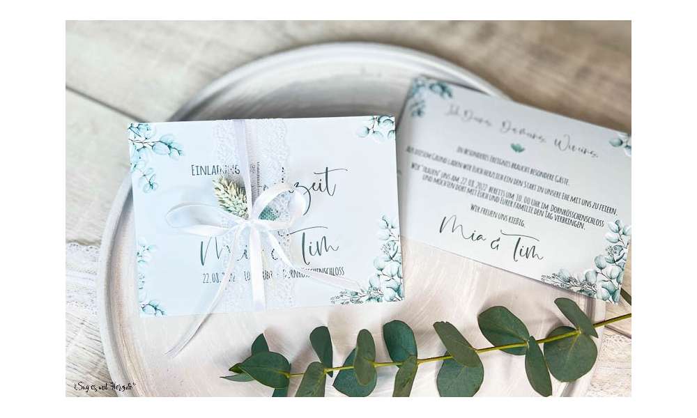 Einladungskarten Hochzeit soft Greenery mit Spitze Postkarte Eukalyptus