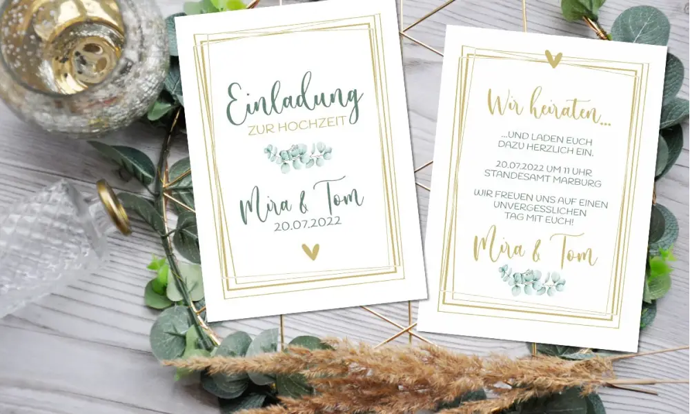 Einladung Hochzeit Eukalyptus gold