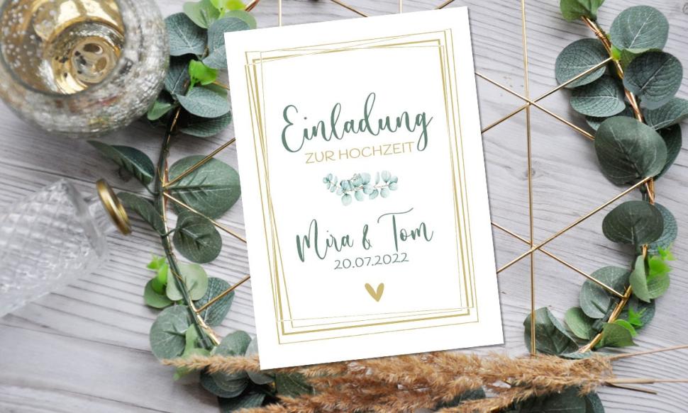 Einladung Hochzeit Eukalyptus gold
