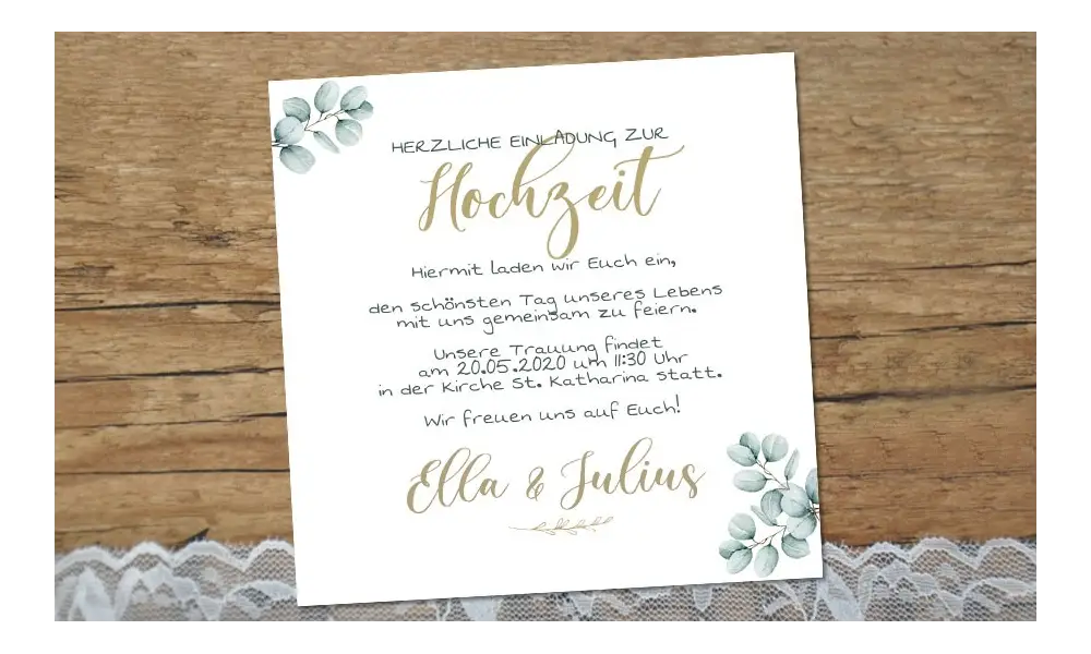 Einladung Hochzeit Eukalyptus greenery gold