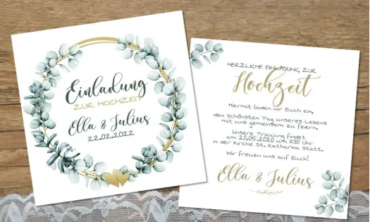 Einladung Hochzeit Eukalyptus greenery gold