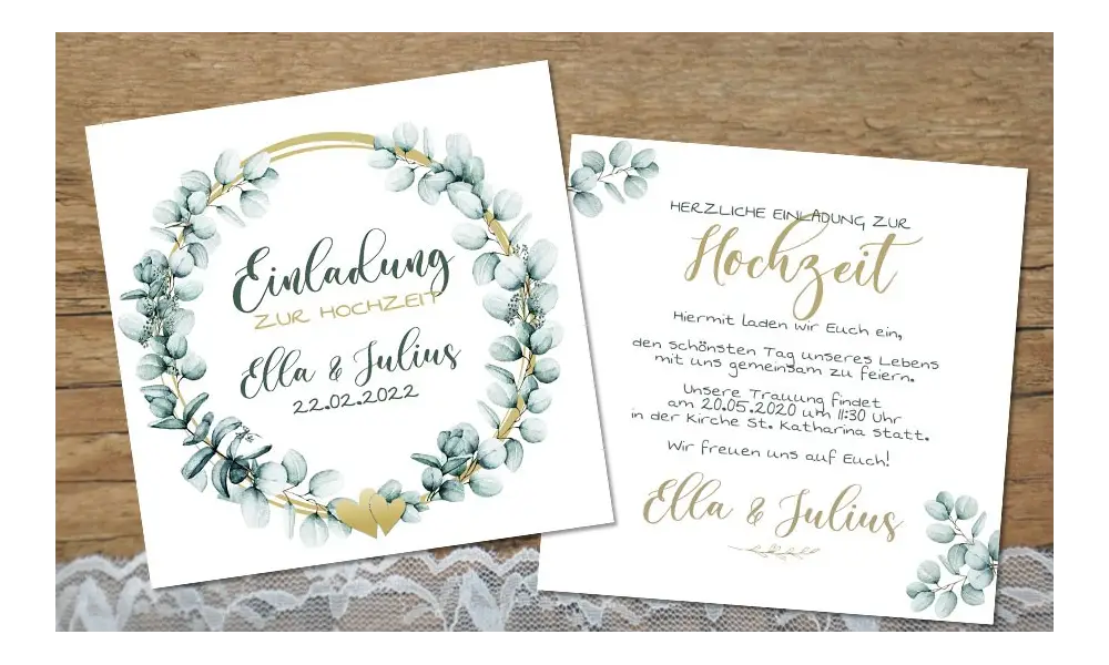 Einladung Hochzeit Eukalyptus greenery gold