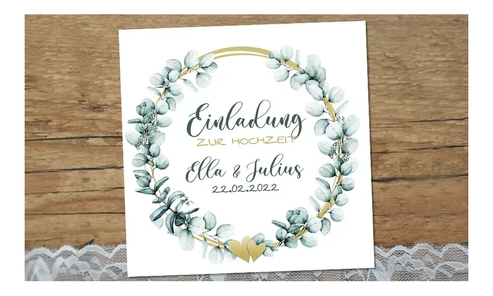 Einladung Hochzeit Eukalyptus greenery gold