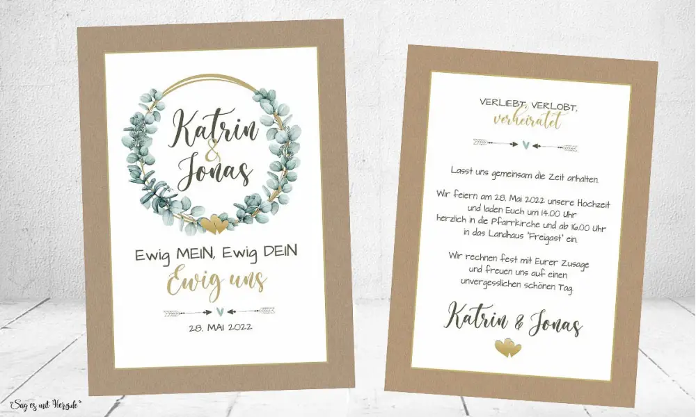 Einladungskarten Hochzeit Eukalyptus Kraftpapier gold