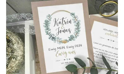 Einladungskarten Hochzeit Eukalyptus Kraftpapier gold