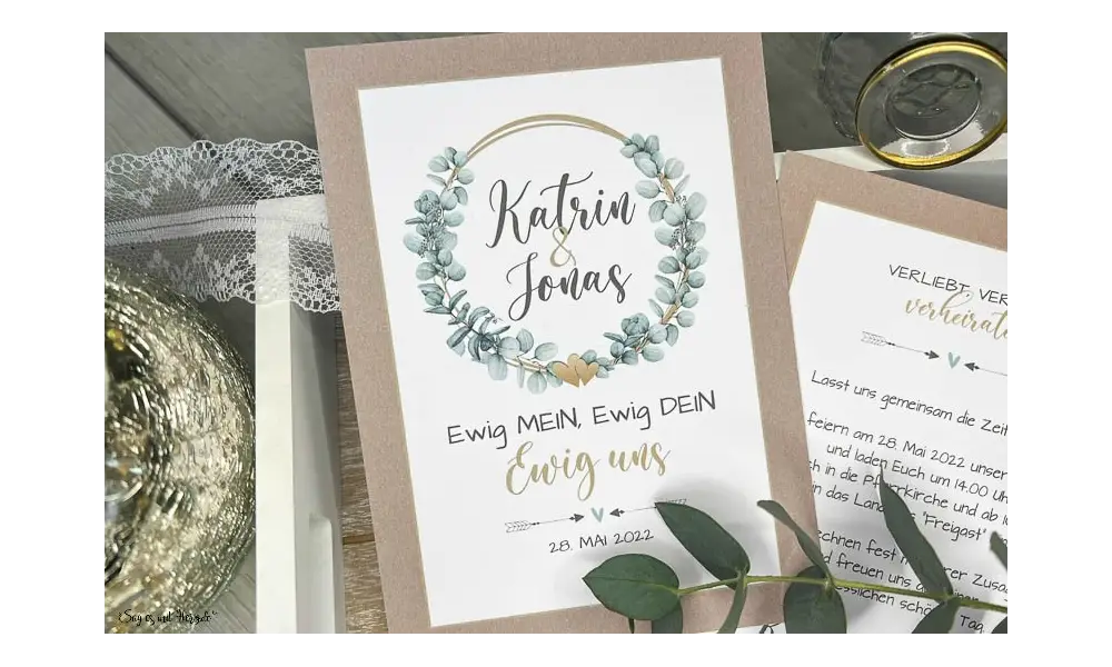 Einladungskarten Hochzeit Eukalyptus Kraftpapier gold
