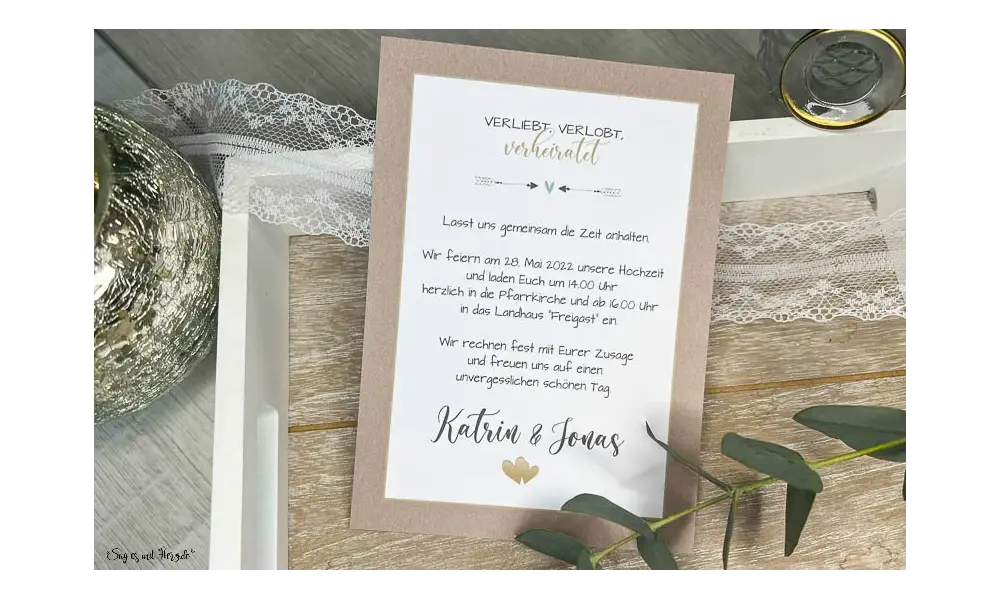 Einladungskarten Hochzeit Eukalyptus Kraftpapier gold