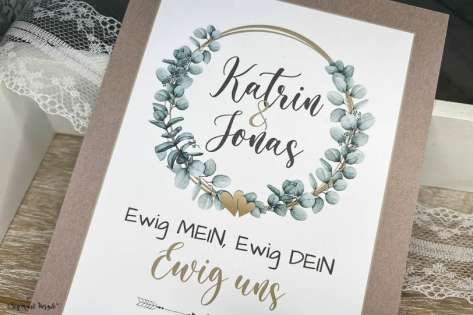 Einladungskarten Hochzeit Eukalyptus Kraftpapier gold