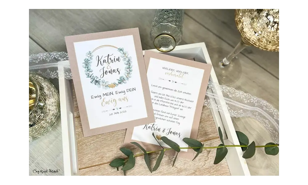 Einladungskarten Hochzeit Eukalyptus Kraftpapier gold