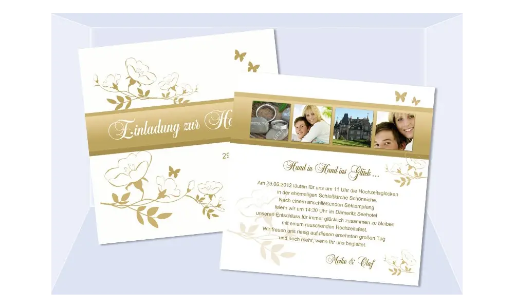 Einladungskarte Hochzeit "Gold", Flachkarte Quadrat