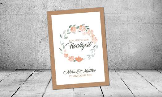 Hochzeitseinladung Blumenkranz Vintage Kraftpapier Postkarte