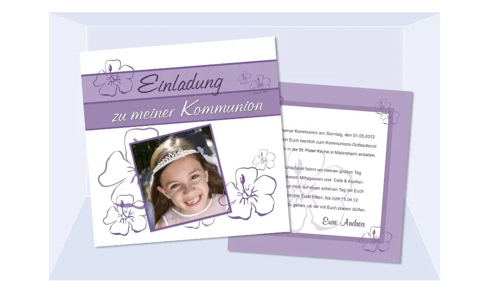 Einladung Kommunion / Konfirmation, Flachkarte 12,5x12,5 cm, lila