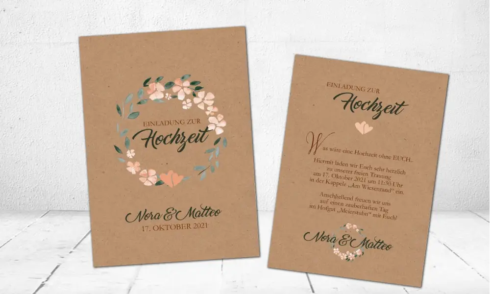 Einladungskarten Hochzeit Kraftpapier apricot Blumen floral