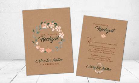 Einladungskarten Hochzeit Kraftpapier apricot Blumen floral