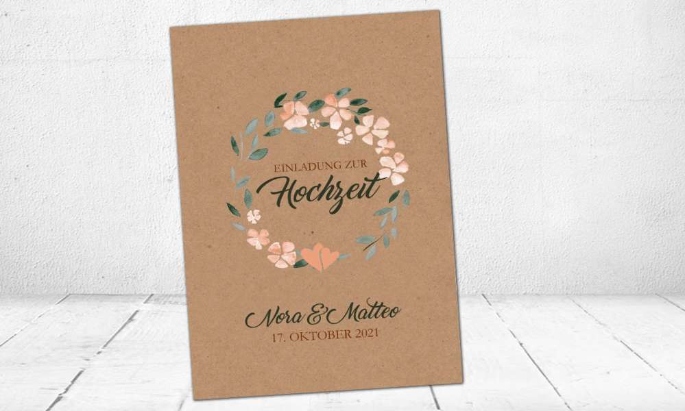 Einladungskarten Hochzeit Kraftpapier apricot Blumen floral