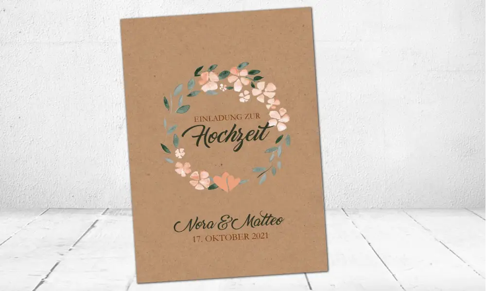 Einladungskarten Hochzeit Kraftpapier apricot Blumen floral