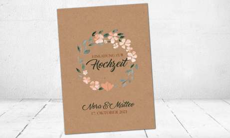 Einladungskarten Hochzeit Kraftpapier apricot Blumen floral