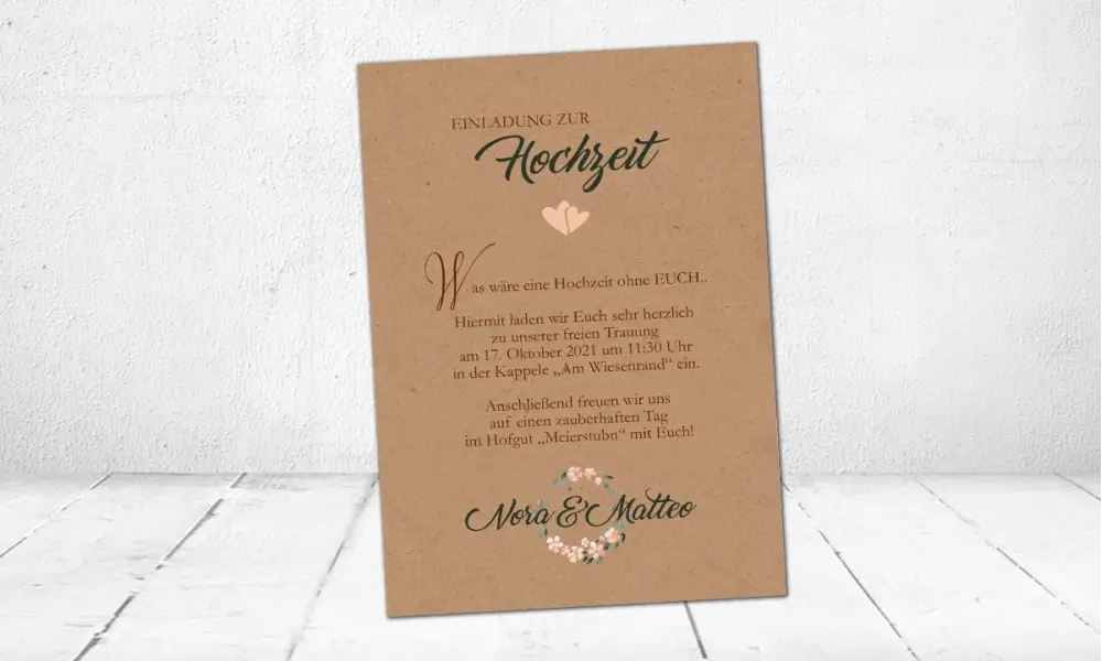 Einladungskarten Hochzeit Kraftpapier apricot Blumen floral