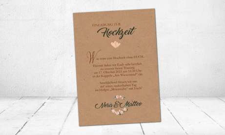 Einladungskarten Hochzeit Kraftpapier apricot Blumen floral