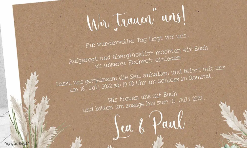 Einladungskarten Hochzeit Kraftpapier Pampas Boho