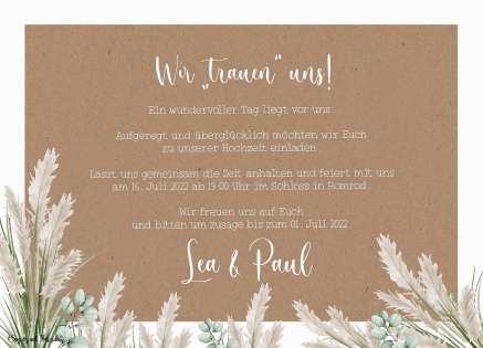 Einladungskarten Hochzeit Kraftpapier Pampas Boho