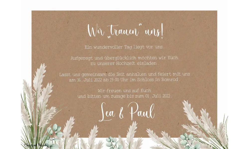Einladungskarten Hochzeit Kraftpapier Pampas Boho