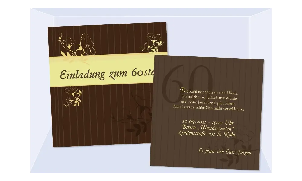 Einladungskarte 60. Geburtstag, zweiseitig, braun gelb