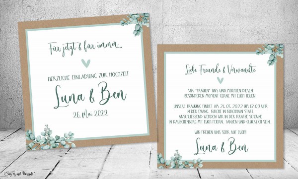Einladung Hochzeit Kraftpapier quadratisch Boho