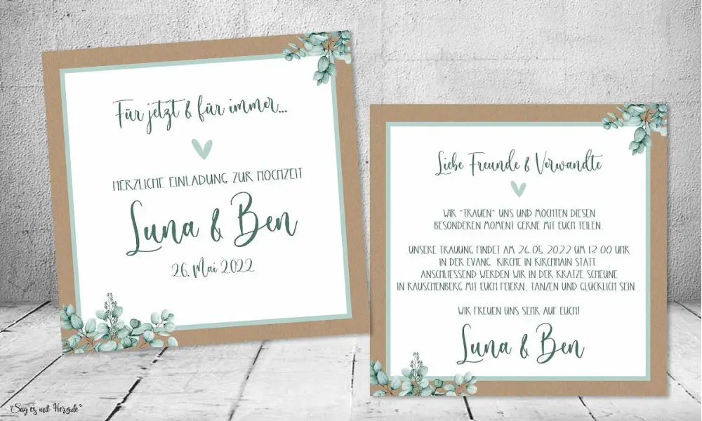 Einladung Hochzeit Kraftpapier quadratisch Boho