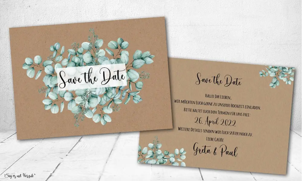Save the Date Einladung Hochzeit Kraftpapier Eukalyptus