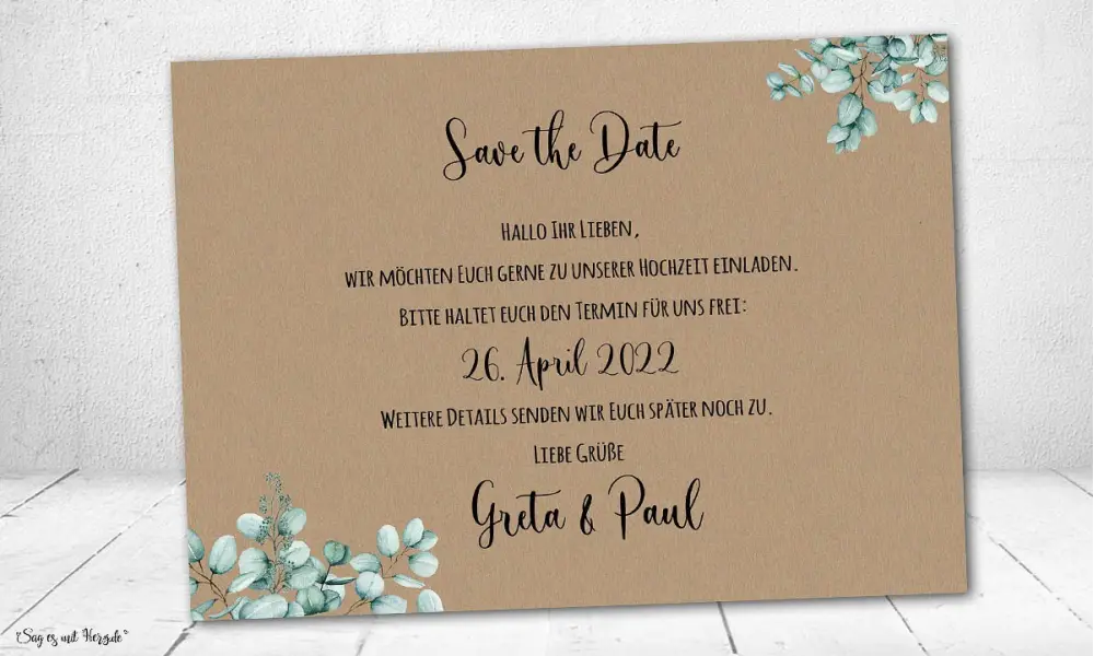 Save the Date Einladung Hochzeit Kraftpapier Eukalyptus