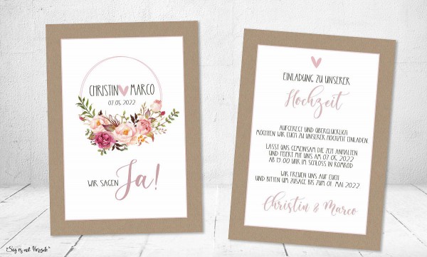 Einladungskarten Hochzeit Boho Blumenring rose