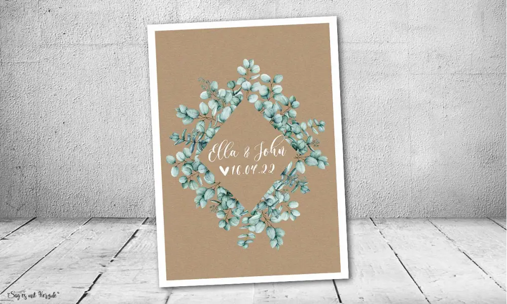 Einladungskarten Hochzeit Eukalyptus Kraftpapier