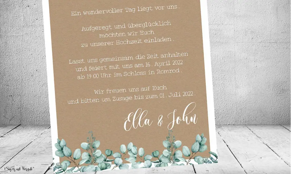 Einladungskarten Hochzeit Eukalyptus Kraftpapier