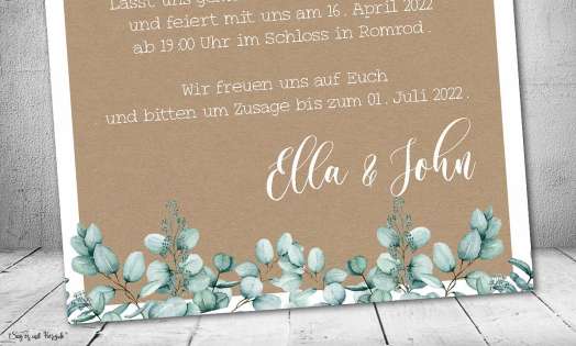 Einladungskarten Hochzeit Eukalyptus Kraftpapier