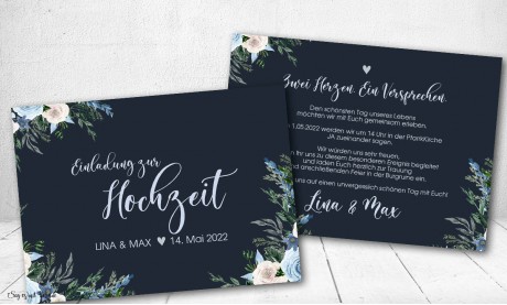 Einladungskarten Hochzeit floral blau