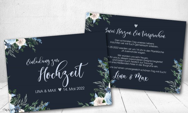 Einladungskarten Hochzeit floral blau