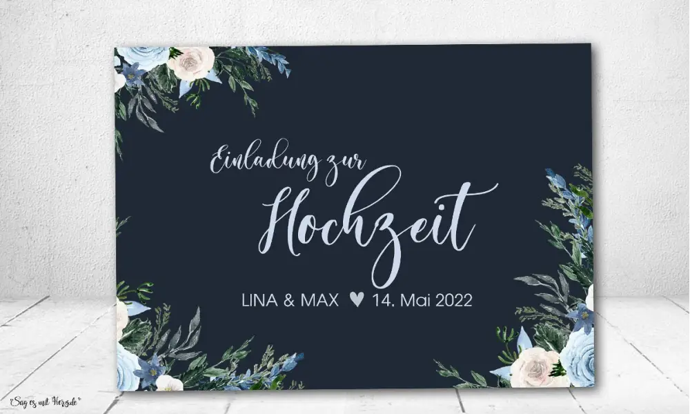 Einladungskarten Hochzeit floral blau