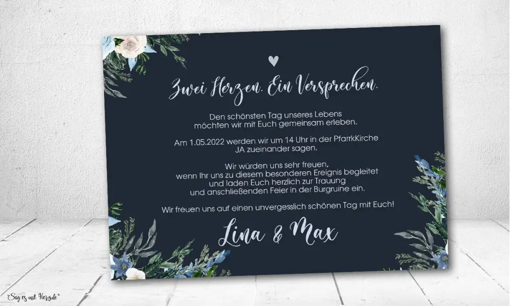 Einladungskarten Hochzeit floral blau