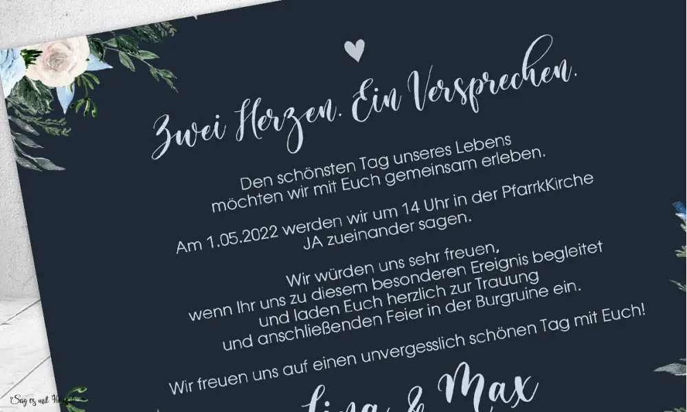 Einladungskarten Hochzeit floral blau