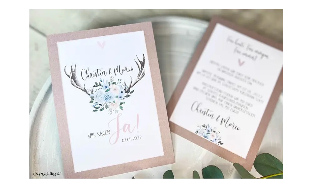 Einladungskarte Hochzeit Geweih Kraftpapier floral