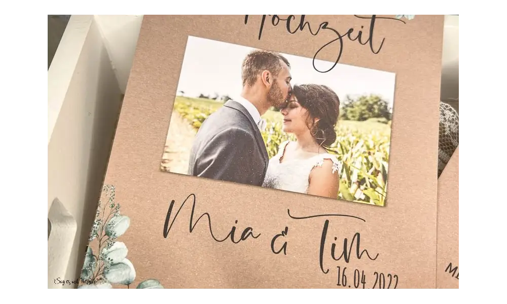Einladungskarten Hochzeit rustic Kraftpapier Eukalyptus mit Foto