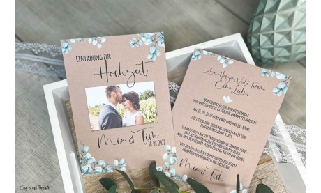 Einladungskarten Hochzeit rustic Kraftpapier Eukalyptus mit Foto