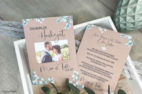 Einladungskarten Hochzeit rustic Kraftpapier Eukalyptus mit Foto