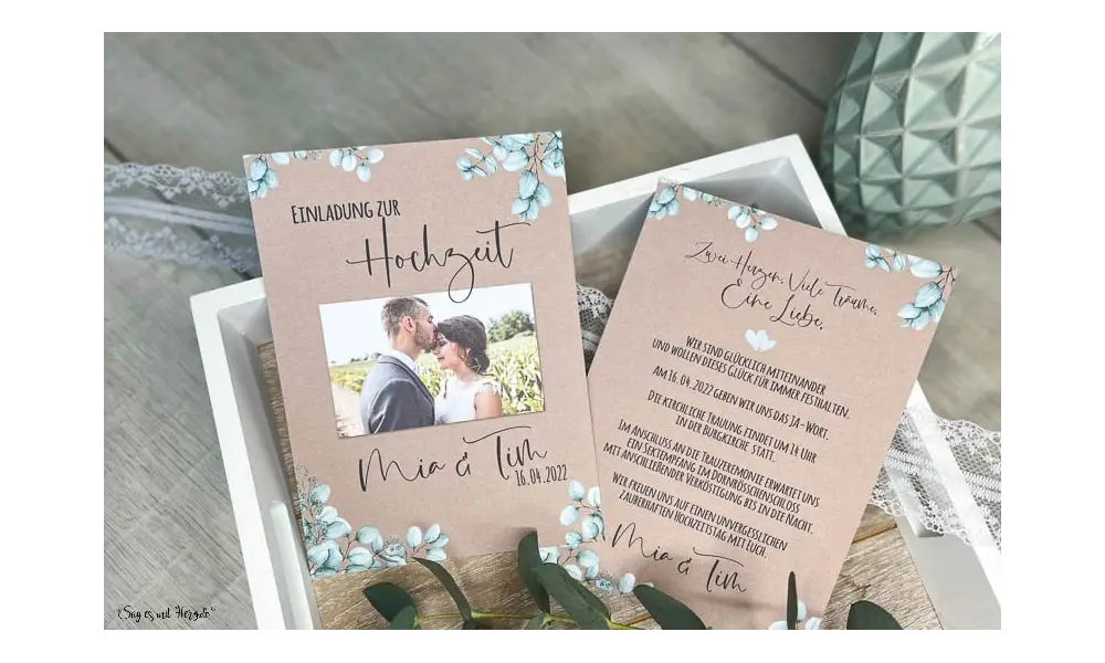 Einladungskarten Hochzeit rustic Kraftpapier Eukalyptus mit Foto