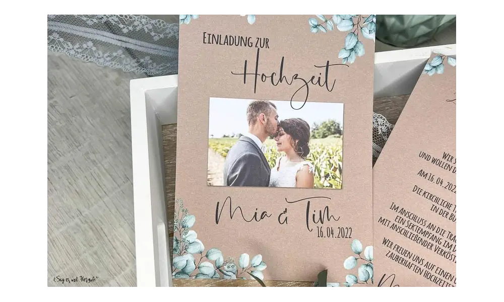 Einladungskarten Hochzeit rustic Kraftpapier Eukalyptus mit Foto