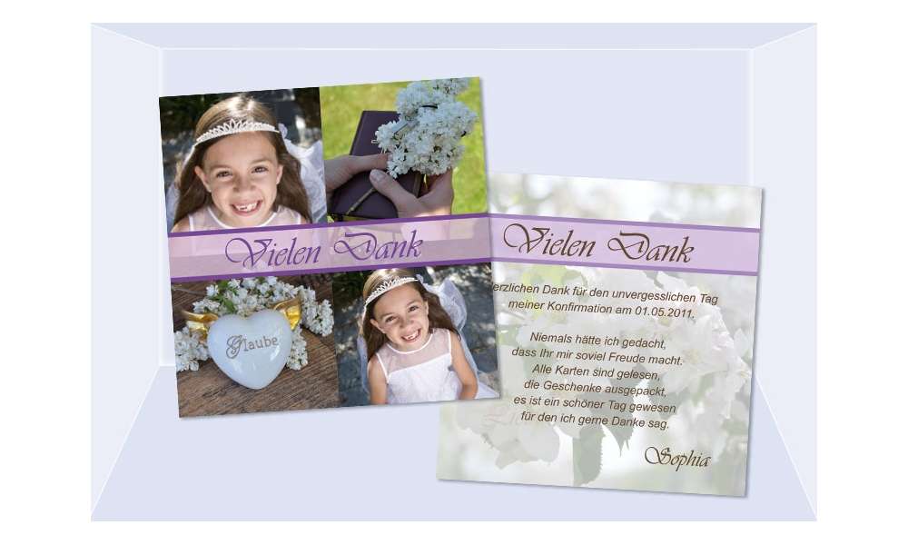 Danksagung Kommunion Konfirmation, viele Fotos, lila flieder
