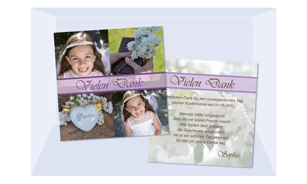 Danksagung Kommunion Konfirmation, viele Fotos, lila flieder