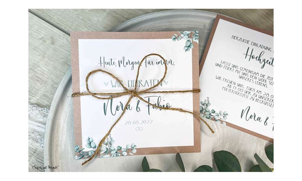 Einladungskarten Hochzeit Boho Eukalyptus quadratisch