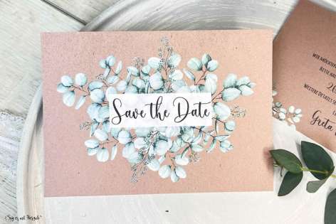 Save the Date Einladung Hochzeit Kraftpapier Eukalyptus